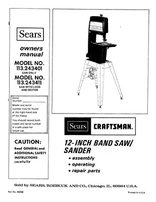 Owner’s Manual & Parts List Craftsman 12” Band Saw - Model 113.243411 • 18.63£
