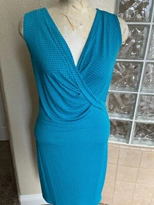 NWT $99 Jones New York tropical lightweight faux wrap dress small turquoise dots - Picture 1 of 5