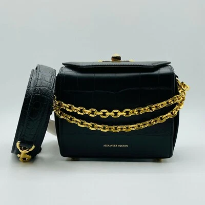 Alexander McQueen Black Crocodile Embossed Leather Box 16 Bag 479767 DZT0M 1000 - Image 1 of 4