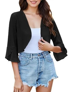 Women's 3/4 Sleeve Cropped Cardigan Lightweight Open Front Bolero Shrug - Picture 1 of 14