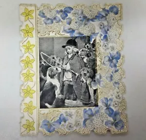 Vintage 1903 Die Cut Floral Embossed Valentine Greeting Card Girl with Dogs 6035 - Picture 1 of 5