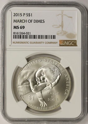 2015-P March of Dimes Silver Modern Commemorative Dollar $1 MS 69 NGC - Image 1 of 4