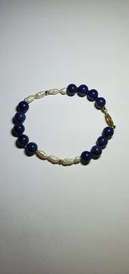 Bracelet 14K Yellow Gold Lapis & Freshwater Pearls 7 1/2" - Image 1 of 4