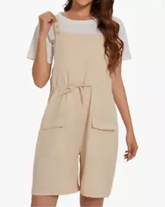 NEW Khaki Short Overalls Loose Adjustable Strap Romper Pockets M - Picture 1 of 7