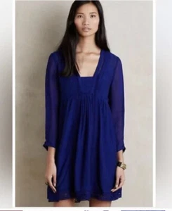 Anthropologie Vanessa Virginia Crochet Lace Indigo Gauze North Star Boho Dress 2 - Picture 1 of 9