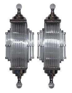 Pair Vintage Art Deco Nickel Brass Glass Ship Light Fixture Wall Sconces Lamp - Picture 1 of 6