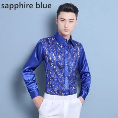 Mens Shiny Sequins Top Shirt Silky Satin Button Down Perform Showman Party Chic - Image 1 of 4