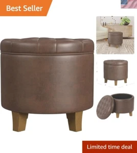 Stylish Round Tufted Foot Rest Ottoman - Brown Faux Leather with Hidden Storage - Picture 1 of 12