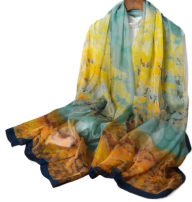 100% Silk Scarf Women neckerchief large Shawl Wrap Floral blue yellow HD118-15 — 第 1/2 张图片