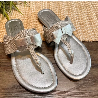 Talbots Metallic Silver Thong Flat Sandals Woven Bow Detail Size 7.5B - Image 1 of 4