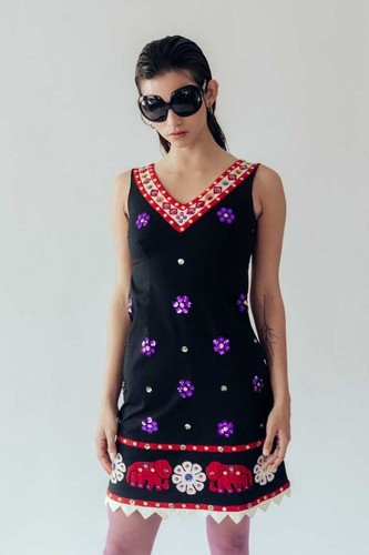 Abito MOSCHINO italiano paillettes elefante fiore applica nero USA 8