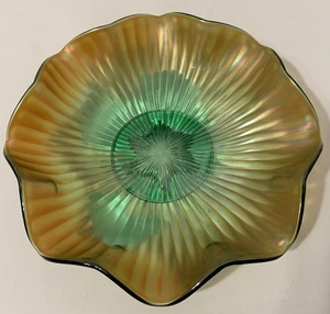 Northwood Smooth Rays Marigold on Green Carnival Glass 10.5” Console Bowl - Picture 1 of 6
