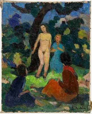 Georges Joubin (1888-1983) - Óleo de mediados del siglo XX, desnudo de pie en el jardín Foto 1 de 4