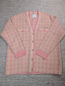 Women's Sandro Pink And Cream Houndstooth Oversized Wool Blend Cardigan With... - Picture 1 of 10