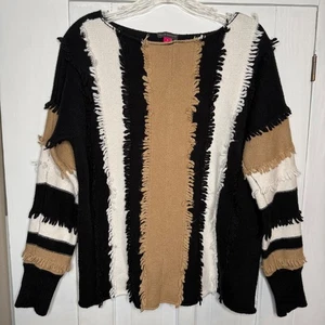 Vince Camuto Striped Fringe Sweater Women's Size S Black White Tan Boho . - Picture 1 of 6