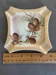 HAND PAINTED SQUARE PINECONE DESIGN CERAMIC ASHTRAY VTG NATURE DECOR SIGNED VJ - Picture 1 of 5