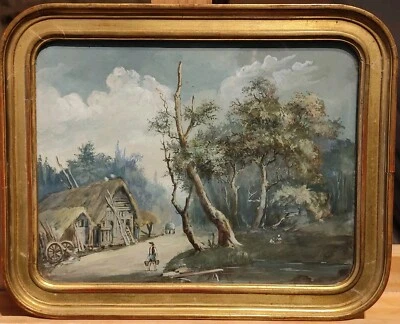École Française du 19eme siècle : Paysage animé à la chaumière - Photo 1/4