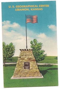 US GEOGRAPHICAL CENTER Monument American Flag Lebanon Kansas Postcard KS Linen - Picture 1 of 2