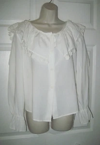 Contempo Women's M/L White Top Long Sleeves Ruffle Collar Embroidery Trim New - Picture 1 of 10