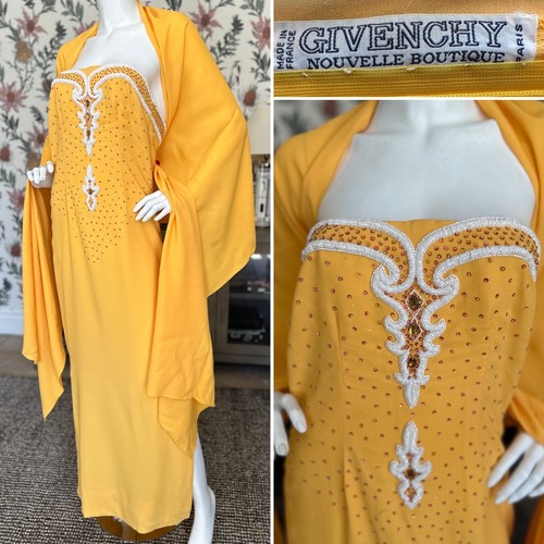 Abito da sera senza spalline Givenchy Nouvelle Boutique anni 70 con scialle e slip