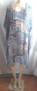 -BADEANZUG STRAND COVER UP TOP BLAU LILA WEISS PERLENAUSSCHNITT TUNIKA TRANSPARENT S - Bild 1 von 10