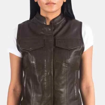 Vest Coat Women Brown Lambskin Party Leather Stylish Button Waist Coat Western - Image 1 of 4