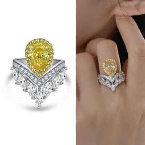 Gelber Birnenschliff Lab-Created Diamant Ring 925 Sterling Silber 18k Gold Overlay - Bild 1 von 13