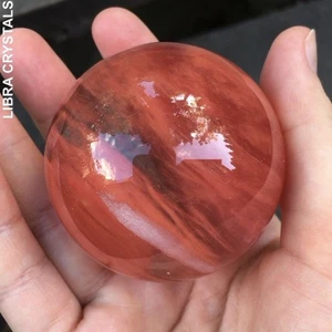 Martian Clouds Red Red Planet Polished Quartz Crystal Ball Sphere with Wood Base - Picture 1 of 9