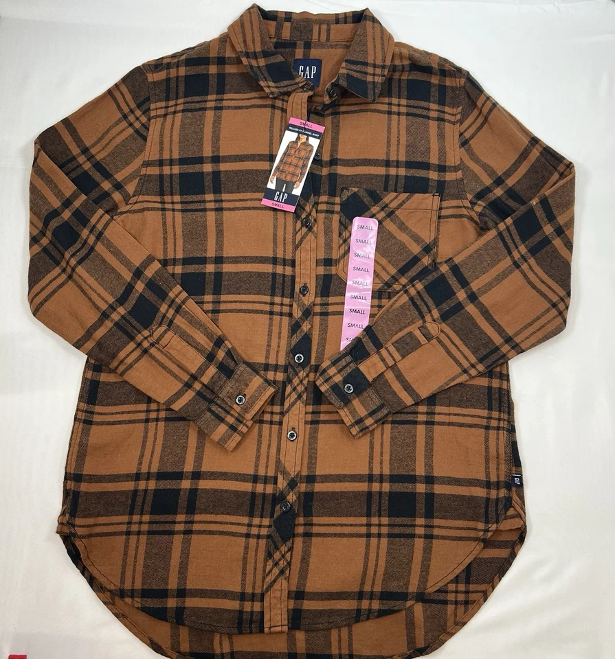 with Tags GAP Ladies Relaxed FLANNEL Tortoise Shell Plaid Brown Cotton SMALL