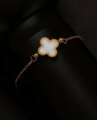 Brazalete de trébol individual para mujer enchapado en oro de 18 quilates blanco y negro Foto 1 de 4