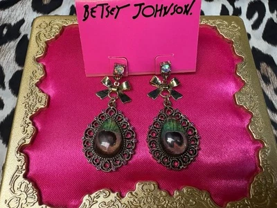 Betsey Johnson Vintage Morocco Adventure Moroccan Peacock Feather Earrings RARE - Image 1 of 2