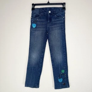 Gymboree Girls Sequin Hearts Blue Dark Wash Denim Adjustable Waist Jeans Sz 7 - Picture 1 of 11