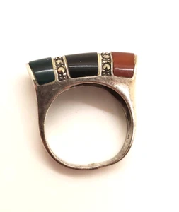 925 Sterling Silver Ring Inlaid Jade Onyx Carnelian Marcasites sz 7 - Picture 1 of 3