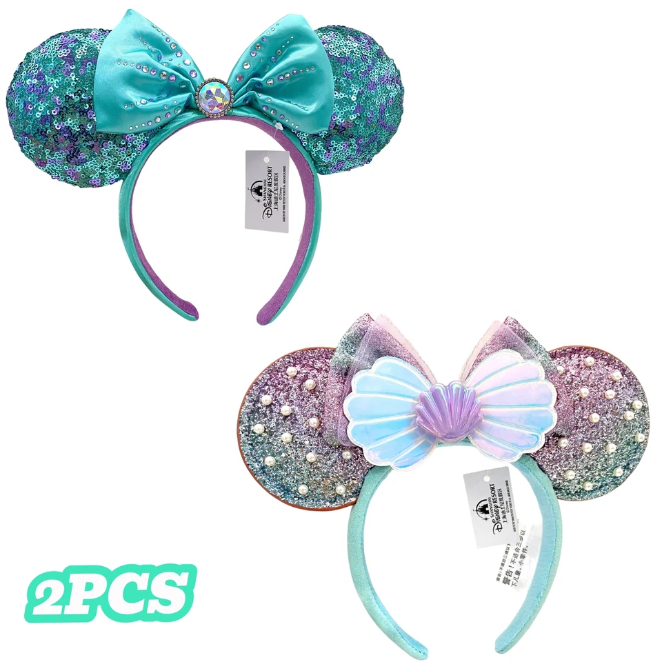 Disney ~ La Sirenita Ariel concha de perlas + lentejuelas verdes y púrpuras orejas de diamante azul Foto 1 de 4