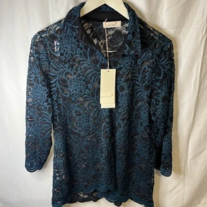 Per Una Teal 3/4 Sleeve Blouse Collar Lace Size 16 - Picture 1 of 2
