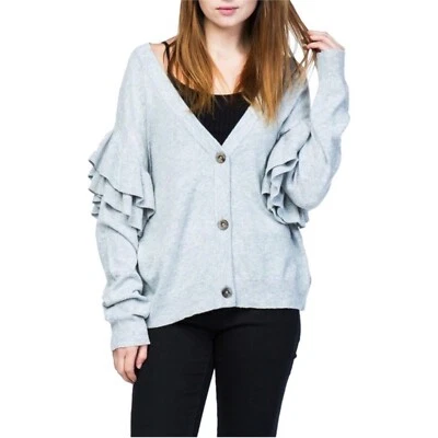 Cárdigan suéter mediano Lumiere con volantes en capas cuello en V gris botón manga larga Foto 1 de 4