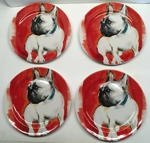 4 Anthropologie Dog a Day Sally Muir Bulldog Red Salad/Dessert Plates 8-3/8" - Picture 1 of 15