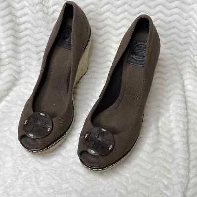 Tory Burch Peep Toe Cuña Alpargata Lona Zapatos Mujer Talla 9.5M Foto 1 de 4