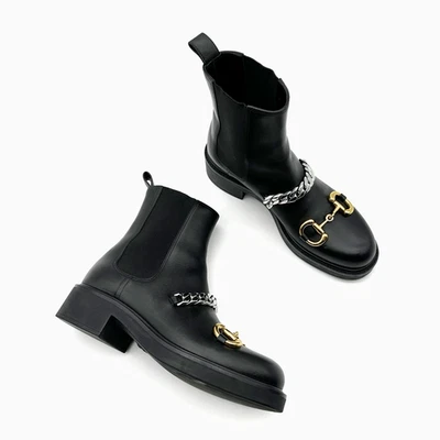 GUCCI Flores Horsebit Cadena Cuero Negro Bota Talla 38 Botín Punta Redonda Bebé Foto 1 de 4