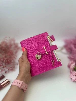 Hot Pink leather notebook cover A7 6 rings mini wallet, Mini Planner Binder. - Image 1 of 4