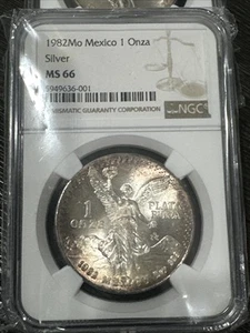 1982 MEXICO SILVER LIBERTAD 1 ONZA NGC MS 66 BEAUTIFUL GEM BU FIRST YEAR - Picture 1 of 3