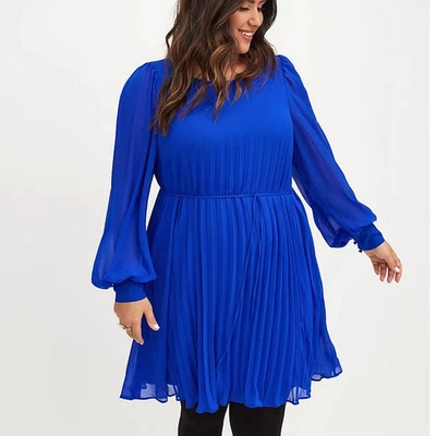 Nuevo Vestido Patinador Torrid 3 (3X 22/24) Sylvia Mollie Eléctrico Azul Gasa Plisado Foto 1 de 3