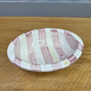 MacKenzie Childs Bathing Hut Enamel Soap Dish 5.5” Retired Pink Stripe - Picture 1 of 6