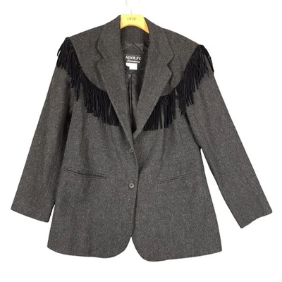 Chaqueta blazer de lana con flecos para mujer ADOLFO International talla 8 occidental Foto 1 de 4