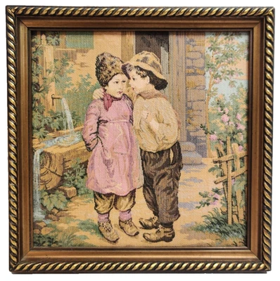 VTG Young Farmers Share a Secret Garden Belgian Tapestry Framed Wall Art 10"x10" - Image 1 of 4