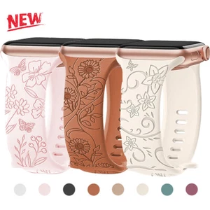 Floral Engraved Strap for Apple Watch Band 49mm iwatch Series 10 9 7 6 8 Ultra 2 - Picture 1 of 36