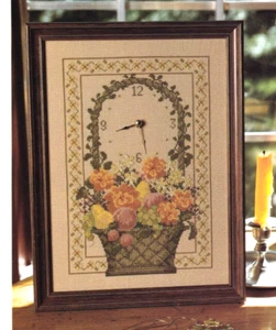 Cross Stitch Pattern IT'S ABOUT TIME Clock Background Flower Basket - Picture 1 of 2