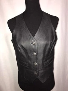 VTG 1980s Contempo Punk Rocker CHIC Black Leather Silver Button Accent Vest M - Picture 1 of 10