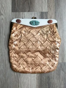 Vintage Gold Ribbon Satin Woven Plastic Handbag Clutch Purse Shoulder Bag Unique - Picture 1 of 9