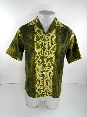 IOLANI - Vintage Hawaiian Aloha Camouflage Bark Cloth Mens S / M Shirt - Image 1 of 4